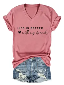 Dames casual V-hals korte mouw t-shirt met letterprint voor comfortabel dagelijks gebruik.