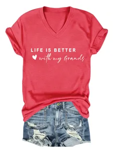 Vrouwen rode V-hals korte mouw grafisch t-shirt casual zomer comfortabele losse top