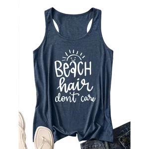 Mujeres Verano Casual Camiseta Sin Mangas Estampado Letras Pelo Playa Cuello Redondo