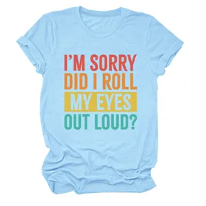 T-shirt à manches courtes bleu clair avec impression drôle, haut décontracté pour femme.