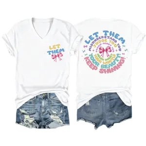 Casual white V-neck short sleeve t-shirt with inspirational graphic print back and front.