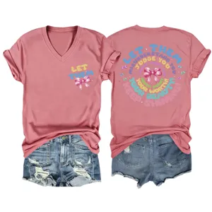 Pink V-neck t-shirt detail showing front motivational print and back graphic lettering design.