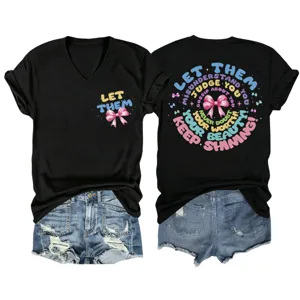 Casual black v-neck short sleeve t-shirt with inspirational graphic print for women daily wear.