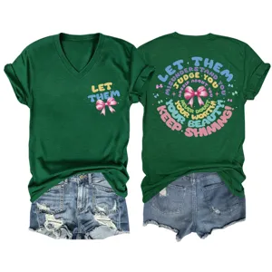 Green V-neck short sleeve women t-shirt with trendy letter print and bow design casual top.