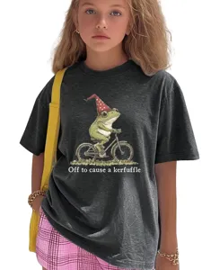 Joli imprimé vélo grenouille enfants décontracté gris foncé col rond t-shirt manches courtes détail
