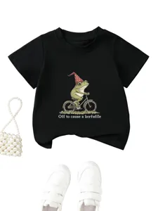 T-shirt noir pour enfant avec motif grenouille amusant, haut à manches courtes décontracté.