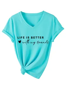 Dames korte mouw V-hals t-shirt casual turquois top met letterprint en geknoopt zoom.