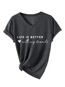 Dames casual V-hals korte mouw T-shirt met grafische print en stijlvol geknoopt zoomontwerp.