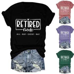 Women casual short sleeve round neck t-shirt with retired mode print, comfortable daily wear top.