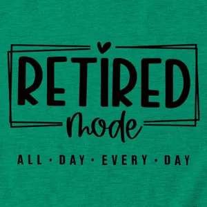 Green cotton short sleeve t-shirt detail showing retired mode funny graphic print.