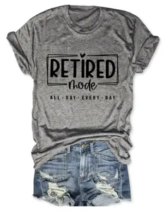 Casual women's grey short sleeve T-shirt featuring retired mode graphic print design style.