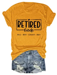 Detail view of women retired mode slogan mustard yellow short sleeve casual t-shirt.