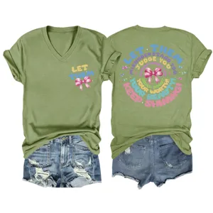 Olive green V-neck short sleeve graphic print T-shirt paired with stylish denim shorts.
