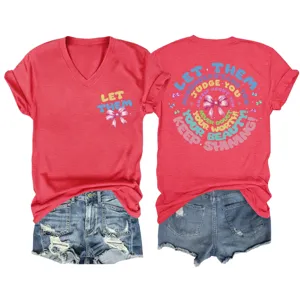 Casual women's V-neck short sleeve T-shirt with inspiring text print and matching denim shorts set.