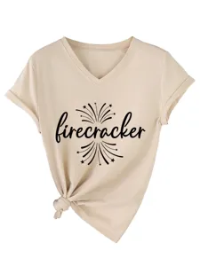 Mujer Cuello en V Manga Corta Camiseta Casual Top con Nudo e Impresión de Fuegos Artificiales