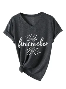 Mujer camiseta cuello V manga corta gráfica firecracker casual dobladillo anudado detalle