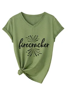 Camiseta casual de mujer con cuello en V y manga corta, nudo frontal y estampado de fuegos.