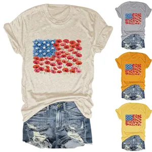 Casual women's short sleeve t-shirt with floral american flag graphic round neck top