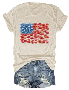 Women casual short sleeve crewneck t-shirt with American flag floral graphic print summer top