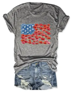 Casual floral American flag graphic grey short sleeve crew neck T-shirt detail view.
