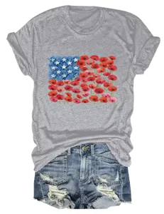 Casual women's grey short sleeve t-shirt with patriotic floral flag print and denim shorts.