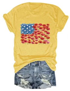 Women casual floral American flag print short sleeve round neck yellow t-shirt detail view.