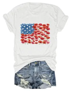 Casual floral flag print short sleeve crewneck t-shirt for women summer fashion style.