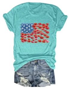 Close-up detail of women casual crew neck short sleeve T-shirt with floral flag graphic.