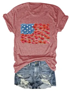 Casual women's red short sleeve t-shirt featuring a floral US flag graphic design.