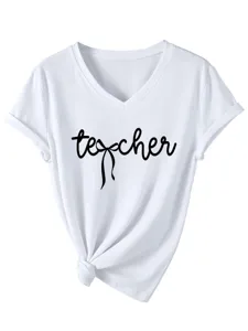 T-shirt femme blanc col V manches courtes haut noué décontracté t-shirt mode avec lettres.