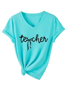 Femme Col V Manches Courtes T-Shirt Casual avec Nœud Papillon Été Mode Haut Chic