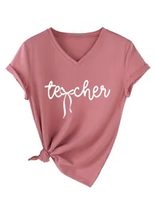 T-shirt décontracté pour femme col V manches courtes avec imprimé nœud de professeur rose.