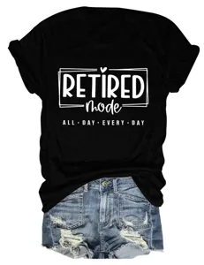 Detailed shot of the casual black short sleeve t-shirt showcasing retired slogan lettering.
