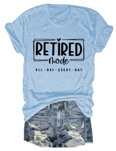 Casual light blue short sleeve tee featuring retired mode graphic text, comfortable women wear.