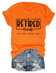 Casual orange short sleeve t-shirt with funny retired slogan and distressed denim shorts.