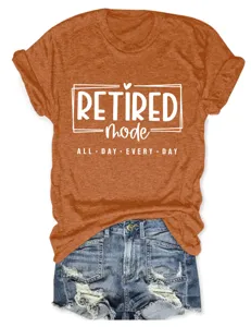 Casual women graphic short sleeve tshirt detail, retired mode print, comfortable everyday wear.