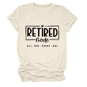 Casual women's short sleeve t-shirt featuring retired mode graphic print in soft beige fabric.