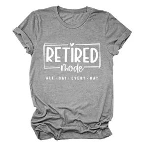 Casual grey women's short sleeve crewneck t-shirt featuring retired mode graphic print everyday.