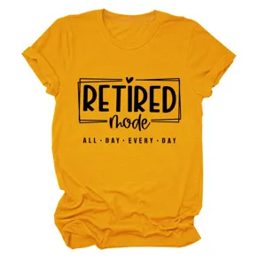 Womens casual yellow short sleeve t-shirt featuring retired mode letter print graphic tee.