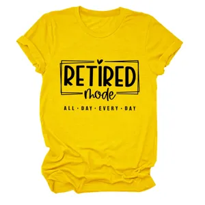 Casual yellow women's short sleeve t-shirt featuring a fun retired mode graphic print.