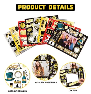 Detailed view of New Year party DIY photo frame set, showing various designs and materials.