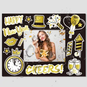 New Year party DIY photo frame set, black and gold holiday decor props for celebrations.