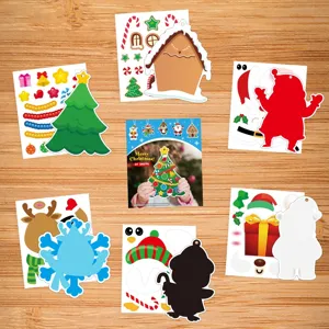 Christmas DIY sticker card set, kids cartoon tree and Santa holiday decoration crafts.