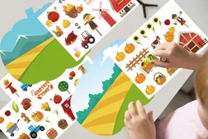 Herbst Ernte DIY Sticker Set für Kinder mit Kürbis, Vogelscheuche und Farm Motiv.