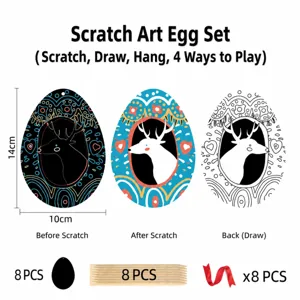 Kit de papier d'art à gratter de Pâques œufs bricolage ornements suspendus avec bâtons en bois