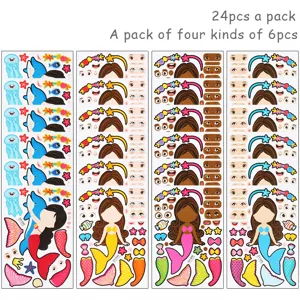 Kids cartoon mermaid dress up facial expression stickers 24pcs pack diy princess party dec