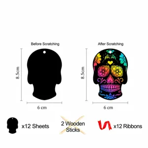 Kids Halloween scratch art skull DIY craft set with 12 paper sheets, sticks and colorful ribbons.