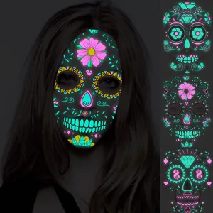 Halloween Glow In The Dark Face Tattoo Stickers Dual Color Skull Temporary Tattoos Party Cosplay Body Art Decoration