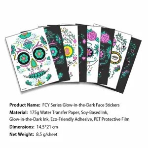 Halloween glowing face tattoo stickers, dual-color scary skull body art party decor.