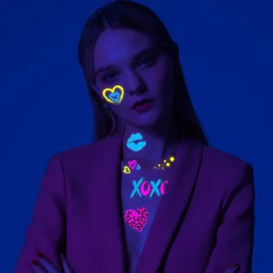 Fluorescent heart and lip tattoo sticker for party night club, waterproof body art.